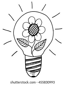 Vector sketch of hand drawn lightbulb with flowers. Abstract doodle graphic illustration in line art style. Image of bulb on vintage background