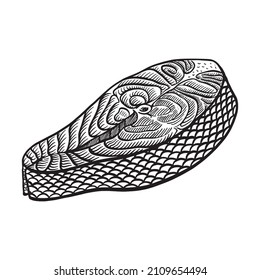 Vektorgrafik handgezeichnete Symbole für Meeresfrüchte. Lachs einzeln. Gravierte Kunst. Verwendung für Restaurant, Mahlzeiten, Markt, Geschäft, Menü, Partydekoration, anderes Design