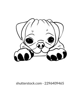 Vector sketch hand drawn silhouette of a sad pug puppy,doodle art with black lines on a white background