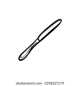 Vector sketch hand drawn silhouette of a table knife, line art with black lines on a white background