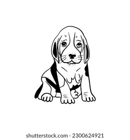 Vector sketch hand drawn silhouette of a sad beagle puppy, doodle art with black lines on a white background