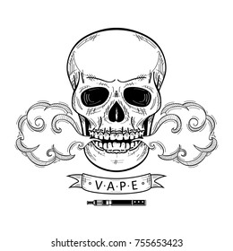 vector sketch hand drawn skull smoking, vaping isolated illustration on a white background. Human skull with eyes and teeth exhailing steam, smoke vapour. Vaping concept
