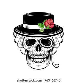 vector sketch hand drawn skull tattoo black and whte in hat with red rose with green stem and leaves and monocle. Isolated illustration on a white background.
