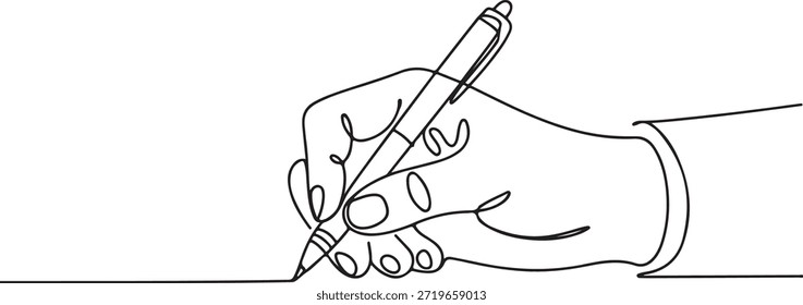 Boceto de Vector de una mano sosteniendo un bolígrafo y dibujando una línea continua y ondulada, simbolizando conceptos como creatividad, educación o toma de nota.