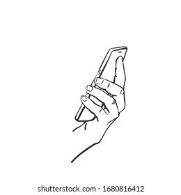 Esbozo vectorial de la mano sosteniendo el smartphone, ilustración dibujada a mano aislada