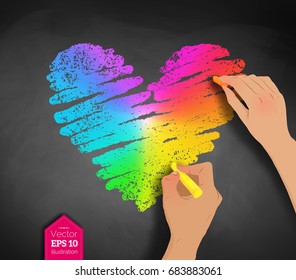 Vector sketch of hands drawing rainbow colored heart with chalk on blackboard background.