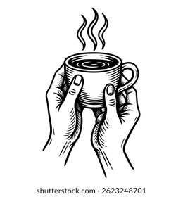 Vector sketch of hands holding a cup of coffee. Hand drawing of tea party. vector isolated background