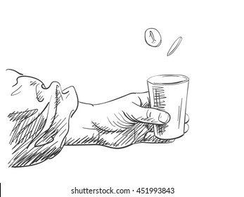 Vector sketch of hands holding cup for money, Hand drawn illustration