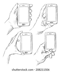 Vector Sketch Of Hands Holding Mobile Phone