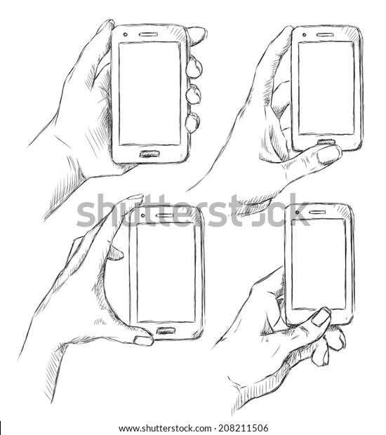 Vector Sketch Hands Holding Mobile Phone Stock Vector Royalty Free 208211506 Shutterstock 