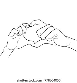 Vector sketch of hands showing heart shape gesture. Couple in love gesturing heart of hand drawn vector illustration isolated on white background.