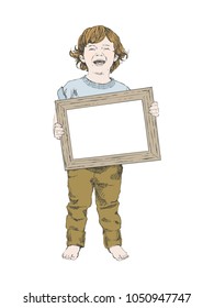 Vector Sketch of happy children. Boy with frame. Place for text. Family concept. Love concept.