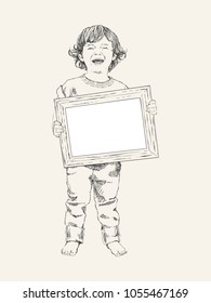 Vector Sketch of happy children. Boy with frame. Place for text. Family concept. Love concept.