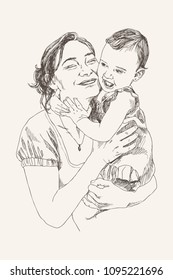 Vector Sketch happy family Parent   children  Pregnancy concept  Family concept  Love concept  Mother holds child in her arms   smiling