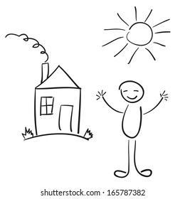 Vector sketch of the happy man house and sun