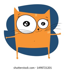 Vector sketch of a happy, smiling ginger flying and dancing cat on isolated white background