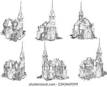 Vector sketch of haunted old classic old church castle building illustration