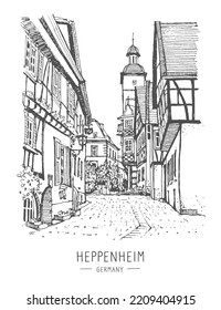 Vector sketch of Heppenheim, Hesse, Germany. Medieval building line art. Freehand drawing. Hand drawn travel postcard of a old street in Heppenheim. Urban sketch in black color on white background.