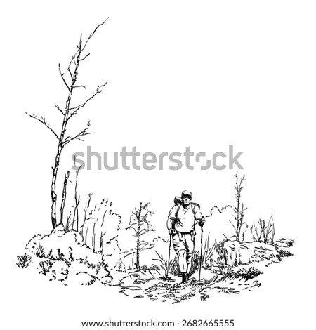 Vector sketch of a hiker with backpack and trekking poles walking along a forest trail, symbolizing outdoor adventure, solitude, exploration and travel in nature