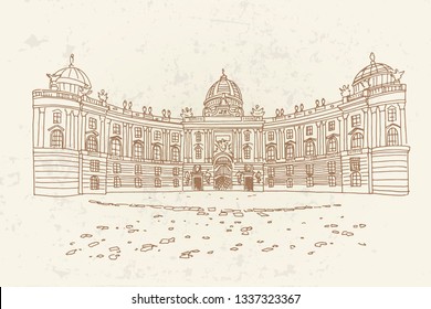 Vector sketch of Hofburg palace on St. Michael square (Michaelerplatz), Vienna, Austria