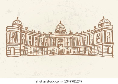 vector sketch of Hofburg palace on St. Michael square (Michaelerplatz), Vienna, Austria 