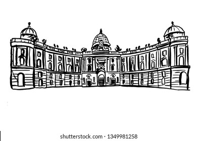 vector sketch of Hofburg palace on St. Michael square (Michaelerplatz), Vienna, Austria 