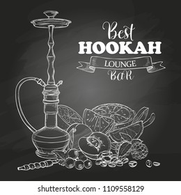 Vector sketch hookah with fruits and berries on chalkboard