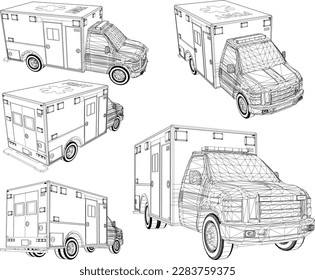 Esbozo vectorial de la ilustración de un vehículo de ambulancia para pacientes hospitalizados