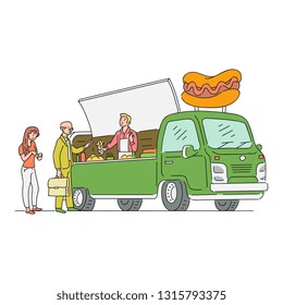 Vector sketch hotdog van in vintage style with customer buying food. 90s food truck, mobile fastfood shop vehicle. Retro snacks delivery car. Isolated illustration