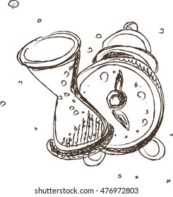 Vector sketch of hourglass and alarm clock. watch doodle style. 