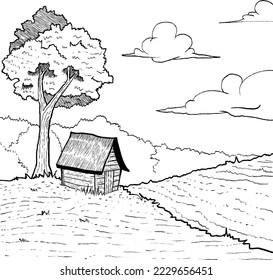vector sketch of a house in the hills. hand drawn
