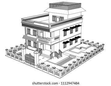 Vector sketch house on the white background. Vector architectural illustration