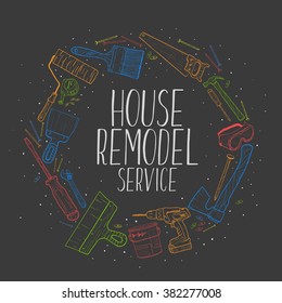 Vector sketch house remodel tools logo. Home repair service. 