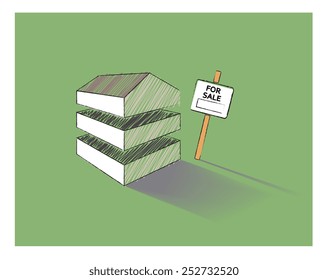 Vector sketch of a house split into three with a for sale sign
