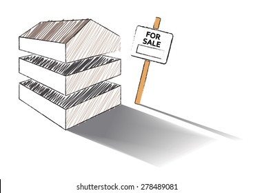 Vector Sketch Of A House Split Into Three With A For Sale Sign