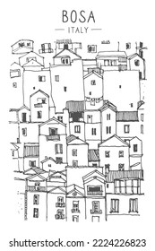 Vector sketch of houses in Bosa. Liner sketches buildings of Sardinia region of Italy. Graphic illustration. Sketch in black color on white background. Hand drawn travel postcard. Freehand drawing.