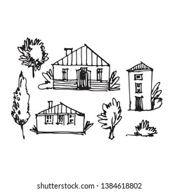 Vector sketch of houses and trees. Rural village. Small old town illustration. Isolated vector drawing. Ink artwork.