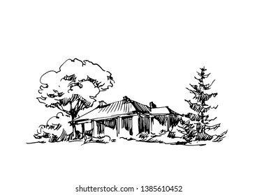 Vector sketch of houses and trees. Rural village. Small old town illustration. Isolated vector drawing. Ink artwork.