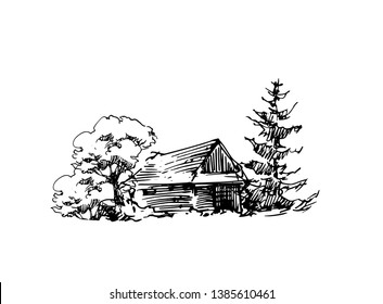 Vector Sketch Of Houses And Trees. Rural Village. Small Old Town Illustration. Isolated Vector Drawing. Ink Artwork.