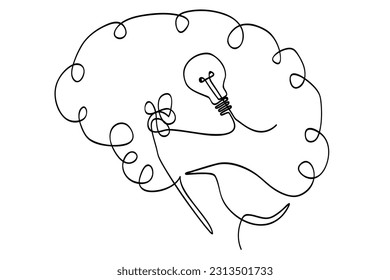 vector sketch human brain and bulb lamp idea, single one line art, continuous 
