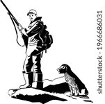 the vector sketch of the hunter with shotgun