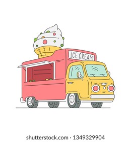 Vector sketch ice cream van in vintage style. 90s food truck, mobile sweets shop vehicle. Retro snacks delivery car. Isolated illustration