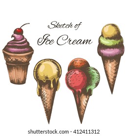 vector sketch of ice cream in vintage style isolated on white background 