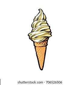 Vector sketch ice cream waffle cone. Hand drawn cartoon isolated illustration on a white background. Sweet delicious dessert food, snack