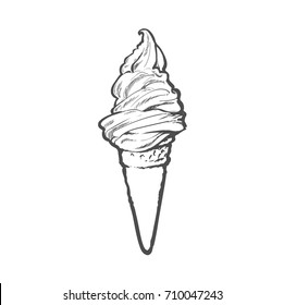 Vector sketch ice cream waffle cone. Hand drawn cartoon isolated illustration on a white background. Sweet delicious dessert food, snack