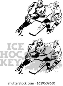 the vector sketch of the ice hockey game with gate and ice hockey players
