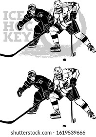 the vector sketch of the ice hockey game with gate and ice hockey players
