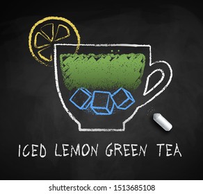 Vector sketch of Iced Lemon Green Tea with piece of chalk on blackboard background.