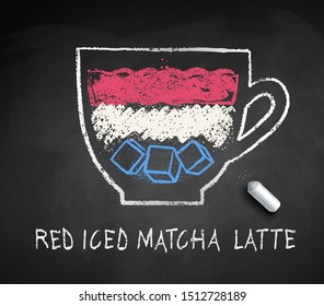 Vector sketch of iced Red Matcha Latte with piece of chalk on blackboard background.