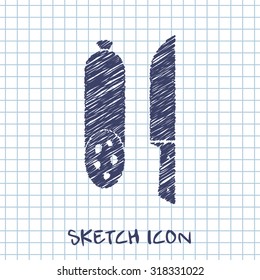 vector sketch icon of salami with knife 